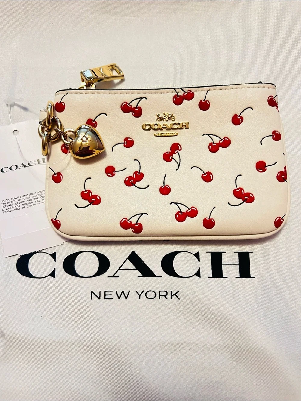 COACH Cherry Print/ W Heart Charm Wristlet Pouch